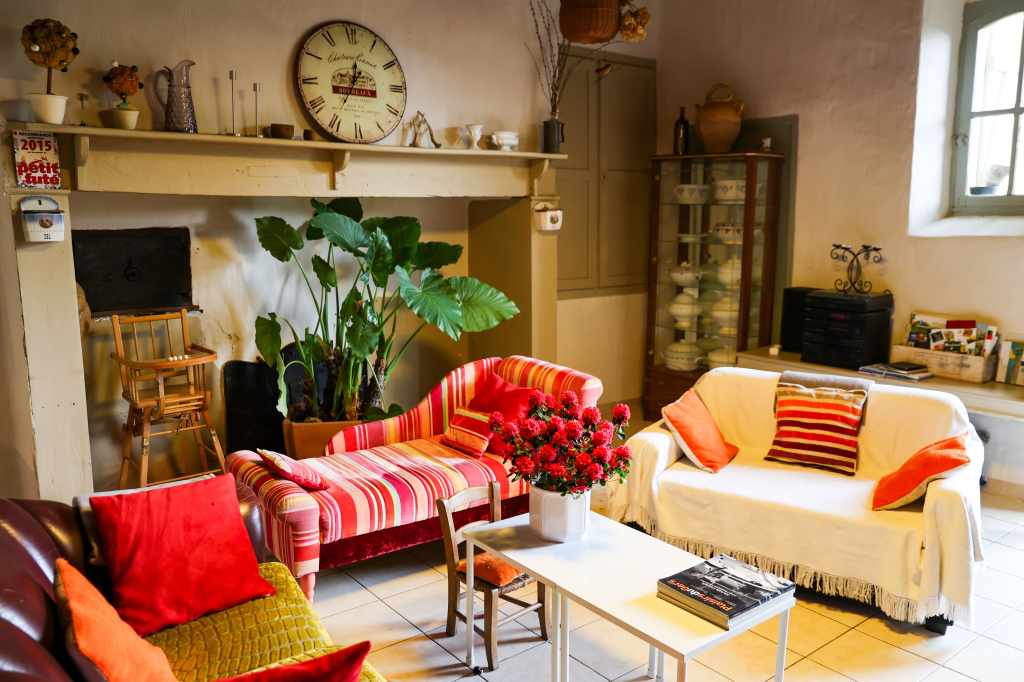 Intérieur d'un salon accueillant avec des canapés colorés, des plantes vertes et un décor charmant.